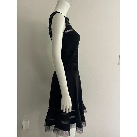 Tadashi Shoji XS Dress Black Jersey Illusions Mesh Pleat Fit Flare Cocktail - Picture 7 of 10